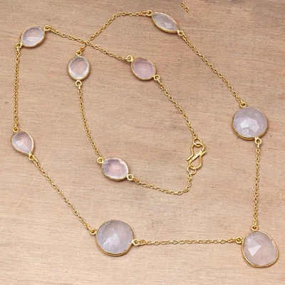 Necklace Pink Rose Quartz Feceted Gemstone Handmade Jewelry 22'' - Image 1 of 4