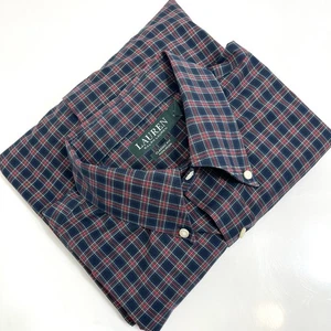 LRL Mens Plaid Button Down Casual Dress Shirt Sz 17 Classic Fit No Iron Navy Red - Picture 1 of 9