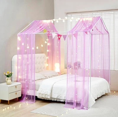 Bed canopy with lights, four-poster bed canopy house bed decoration XL, purple  - Изображение 1 из 4