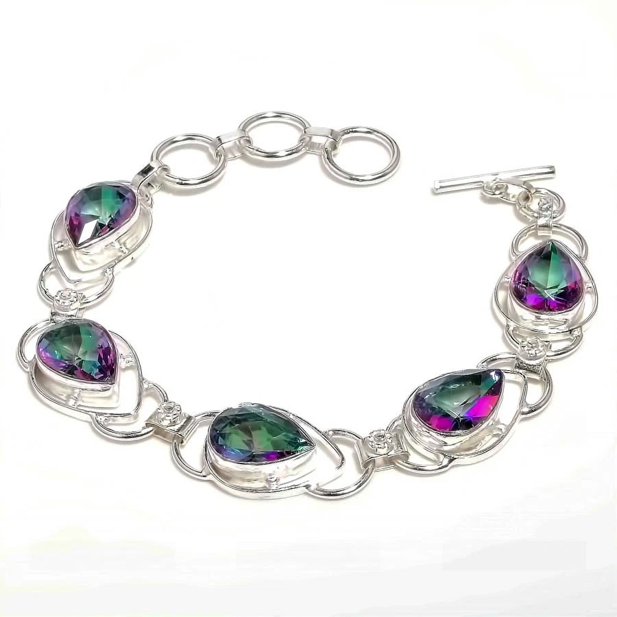 Mystic Topaz Gemstone Handmade 925 Sterling Silver Jewelry Bracelet Size 7-8" - Image 1 of 1