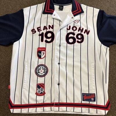 Vintage Sean John Collection Baseball Jersey -1969 Patch Red & Navy Striped XL - Image 1 of 4
