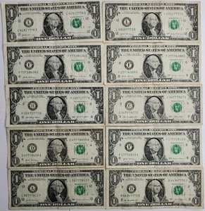 LUCKY 777 Ten $1 One Dollar Bills Fancy Serial Number Angle Numbers - Bild 1 von 2