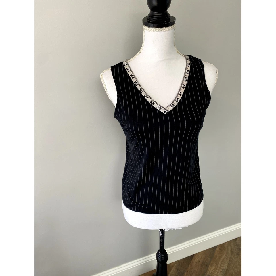 Black and White Pinstripe Silk Blend V Neck Tank w/ Measuring Tape Collar Sz S - Image 1 of 4