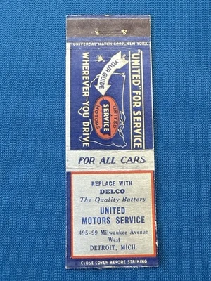 United Motors Service Auto Car Advertising Detroit VTG Matchbook Cover Lt#2080 - Image 1 of 2