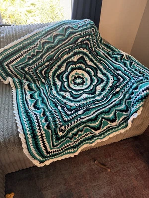 Handmade Crochet Mandala Afghan Blanket Navy Blue Turquoise White Sofa Throw 51” - Image 1 of 4
