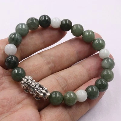 Pure S999 Fine Silver Pixiu Jade 925 Sterling Silver 9mm Beads Bracelet 8.5in - Image 1 of 4