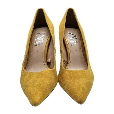 Zara Women’s Suede 4" Heels Mustard Yellow Size 35 (5 US) Dress Shoe EUC  - Image 1 of 4