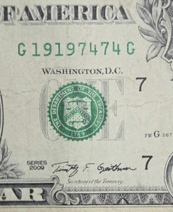 Repeater 1974 Year Note Fancy Serial Number G19197474G 2009 U.S. $1 Dollar Bill - Picture 1 of 3