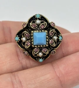 Vintage FLORENZA Cocktail Ring Faux Turquoise Pearl Rhinestone Adjustable Size - Picture 1 of 11