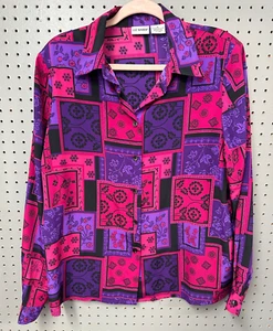 Vintage 90er Liz Baker Bluse Damen Größe 16 Knopf Patchwork Oma - Bild 1 von 5
