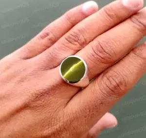 Anillo crisoberilo ojo de gato piedra preciosa redonda hecho a mano de alta calidad latón blanco para hombre - Imagen 1 de 12