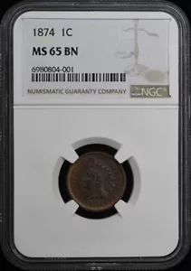 1874 Bronze Indian Cent 1C NGC MS65BN - Picture 1 of 4