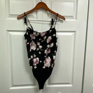 Stunn’d velvet tank bodysuit black w pink flowers spaghetti straps - Picture 1 of 6