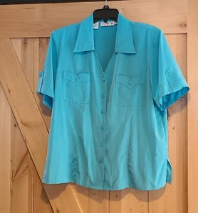 Vintage Kathy Che Size 12 Button Up Blouse Blue Polyester Office Pockets - Picture 1 of 13