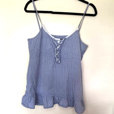 Jack BB Dakota Tank Top Denim Striped Blue White Colored Flowy Ruffles Large - Image 1 of 4
