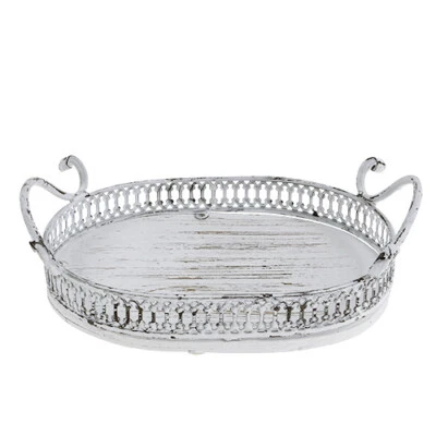 Tablett mit Griffen oval 23cm x 17,5cm H7,5cm Weiß Vintage Shabby Chic Deko - Bild 1 von 3