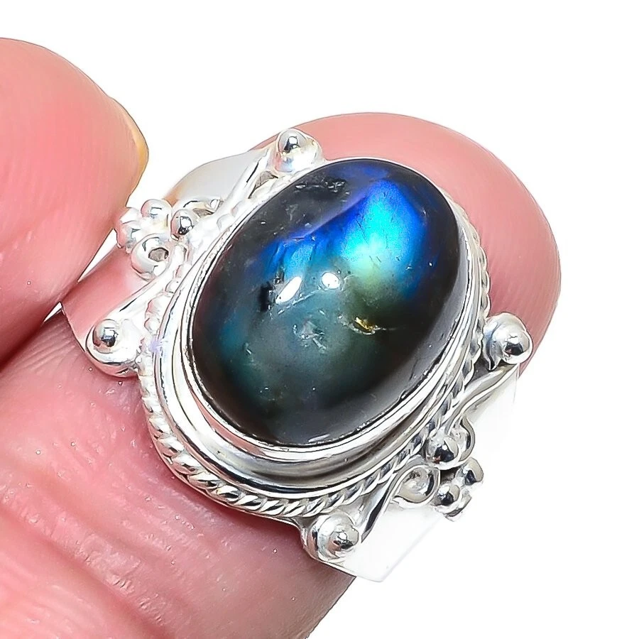 Natural Blue Fire Labradorite Gemstone 925 Sterling Silver Jewelry All Size Ring - Image 1 of 1