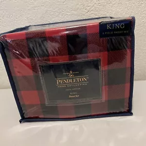 Pendleton King 4-teiliges Blattset 112"" x 104"" Red Rob Roy Flanell 100 % Cotto neu mit Etikett - Bild 1 von 8