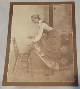 1960's-70's R. Hendrickson Sepia Print Country Mom Tying Her Boots up for Work - Picture 1 of 5