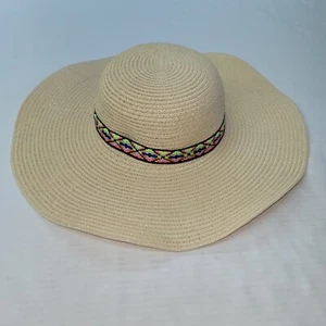 Sombrero Mujer Crema Marfil Bandas Ala Ancha Sombrero para Sol Informal Exterior Playa Piscina - Imagen 1 de 5
