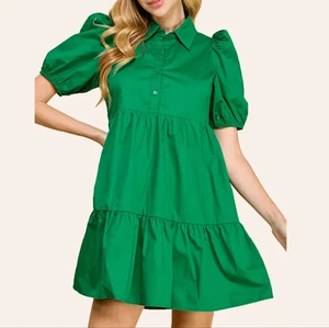 TCEC Kelly Green Puff Sleeve Tiered Mini Dress Medium - Picture 1 of 8