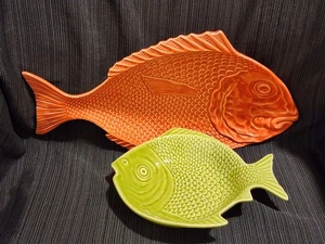 Bordallo Pinheiro Ceramic Fish Plates Green 9" & Orange 16" - Picture 1 of 11