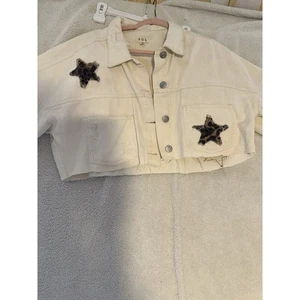 POL Ivory Distressed Leopard Star Western Cropped Jeansjacke Damen Gr. M - Bild 1 von 12