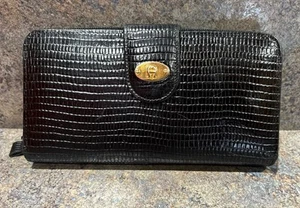Etienne Aigner Black Embossed Croc Bifold Wallet Gold Tone Hardware - Picture 1 of 8