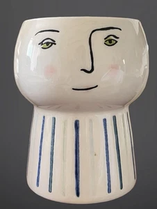 Opalhouse Keramik skurriles Gesicht Vase/Übertopf/Stifthalter weiß blaue Streifen 4,5" - Bild 1 von 13