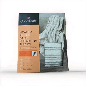 Cuddl Duds 50"x60" Heated Plush Faux Shearling Throw Blanket Neutral Stripe  - Picture 1 of 4