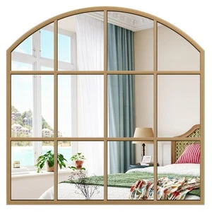 Window Pane Gold Mirror, 28" x 28" Farmhouse Arched Wall Mirror, Brass Rustic... - Picture 1 of 7