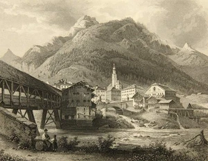 W. LANG (19.Jhd), Splügen, Graubünden, Sst. Romantik Architektur 1800-1849 Druck - Bild 1 von 5