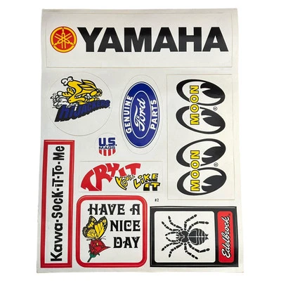 Vintage 1970s Stickers Yamaha Kawasaki Edelbrock MoonEyes Ford HiJackers US Mags - Image 1 of 4