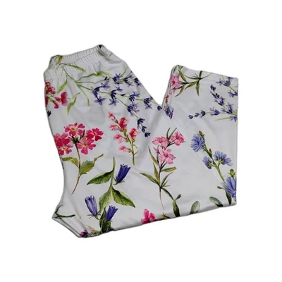 Women's White Floral Leggings Capri Slim Pants High Waist Stretch Size XL - Image 1 of 4