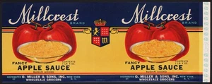 Vintage label MILLCREST Apple Sauce pictured O Miller and Sons Grocers New York - Picture 1 of 2