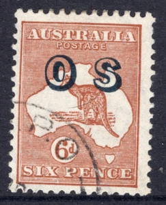 1929 Roo Kangaroo 6d Brown Australia C of A WMK Black OS Overprint Used - Picture 1 of 2