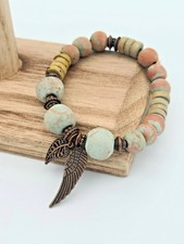 Wooden Beaded Stretch w Distressed Aqua Wash & Copper Angel Wing, Leaf & Beads