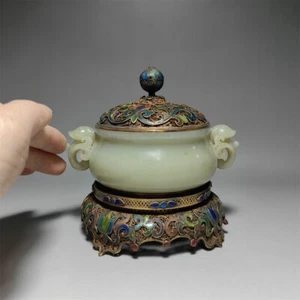 Chinese Antique Jade Censer with Gild Silver Stand/ Lid XH408 - Picture 1 of 11