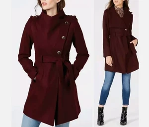 GUESS Asymmetrical Belted Wrap Coat Maroon Wool Blend Women’s Sz S MSRP$275 NEW - Picture 1 of 7