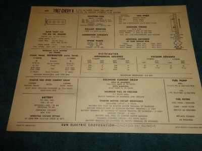 Chevrolet Chevy II 1967 NOVA 153 I-4 motor parasol tabla de puesta a punto/¡artículo útil! Foto 1 de 2