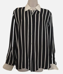 100% Silk Lauren Ralph Lauren Blouse Black White Striped Long Sleeves Sz L R3O6 - Picture 1 of 7