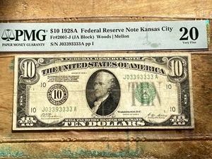 $10 1928A 2001-J JA Block Kansas City FRN - RARE / SCARCE with Fancy Serial - Picture 1 of 2