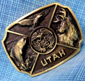 Utah Wildlife Belt Buckle Brass Eagle Deer Fish # RC Vtg 80s Heritage .XTT864 - Picture 1 of 8