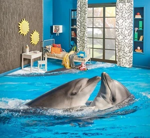3D Dolphin Snuggle PKE2954 Floor WallPaper Murals Wallpaper Mural Print Bea - Picture 1 of 11