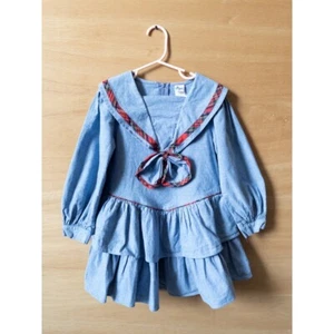 Bryan vintage Denim Dress Sailor Collar Tiered Ruffle Long Sleeve Size 6 - Picture 1 of 4