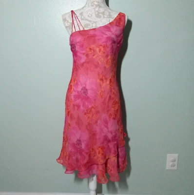 Y2K Floral Dress size 6 / 8, Pink Orange Flutter Hem Tropical Cocktail Party VG - Image 1 of 4