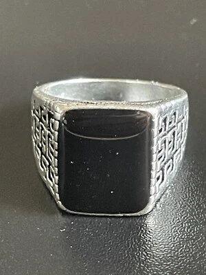 Натуральный черный обсидиан драгоценный камень S925 серебро покрытием мужчин женщин кольцо размер 9 - Изображение 1 из 4