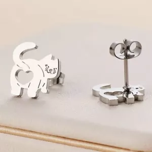 Smiley Heart Cat Butt Silvery Stainless Steel Stud Earrings - Picture 1 of 3