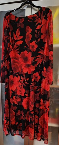 Connected Plus Taglia 18W Manica Lunga Rosso Nero Fiore Midi Cocktail San Valentino