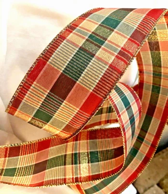 Christmas Plaid 2.5" by 2 yds Red Green Gold Wired Ribbon Glistening Metallic - Image 1 of 4
